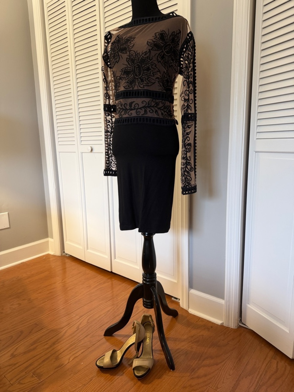For Love & Lemons Black Embroidered Sheer Long-Sleeve Top on Nude